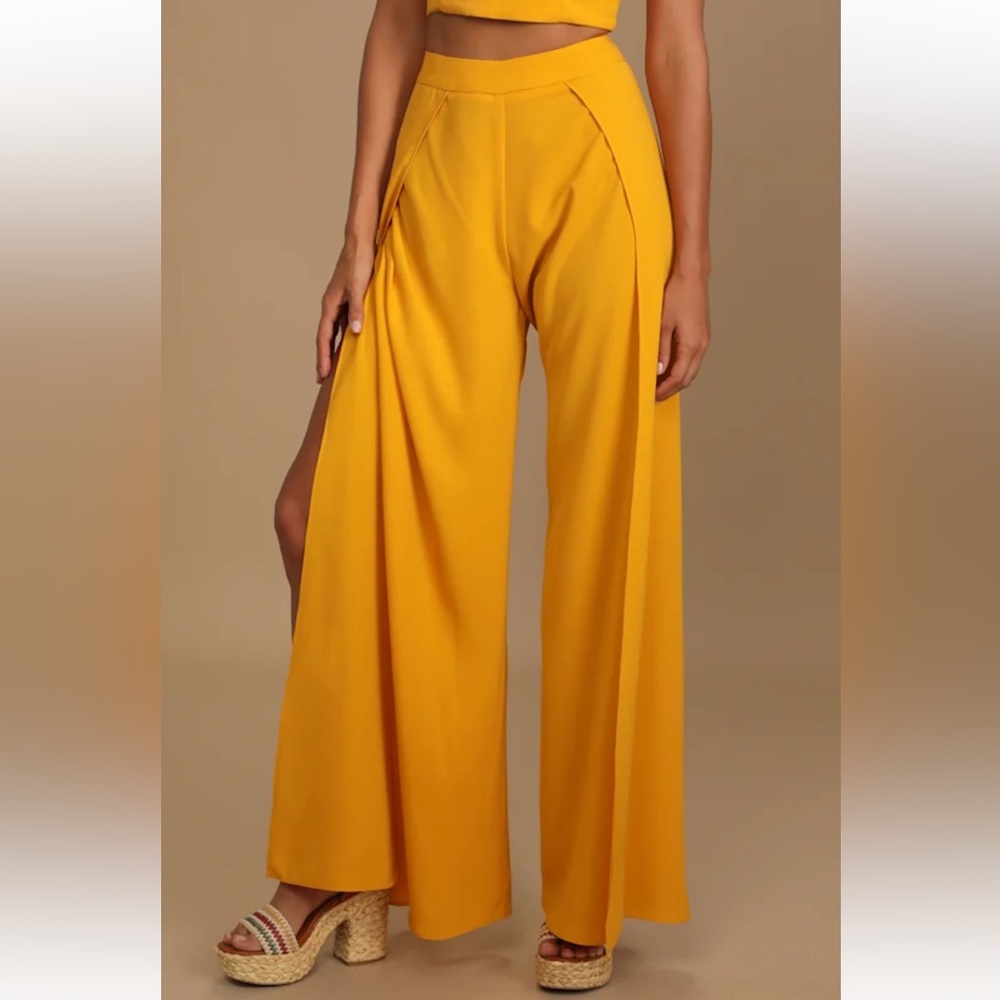 CLOSING SALE Lulus Mustard Yellow Wide Leg Palazzo Pants with Slit